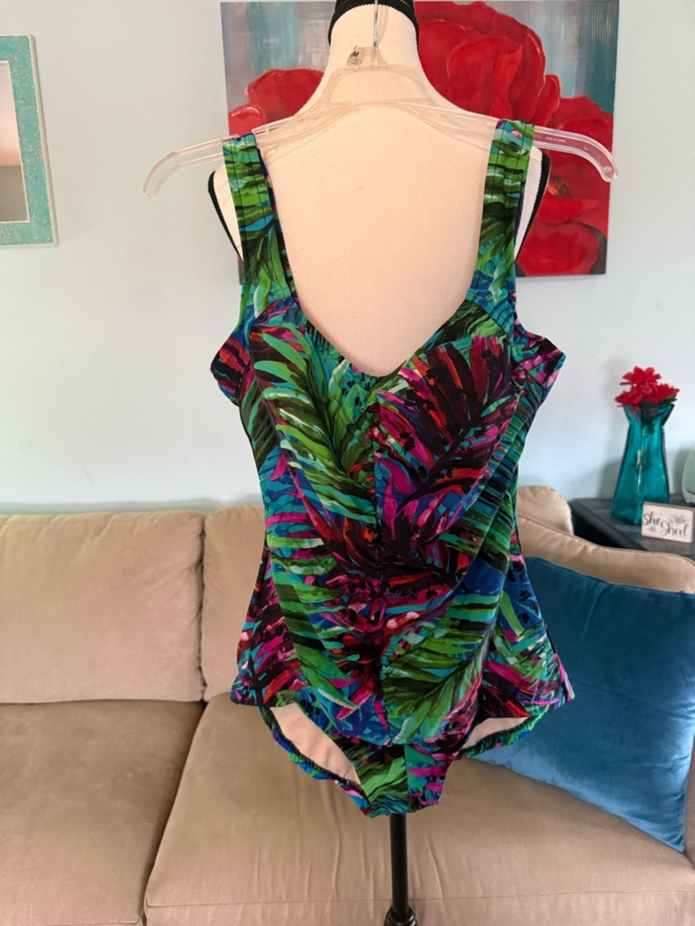 Maxine Hollywood Floral Vtg Print One Piece Swimsuit Retro Tummy Size 14